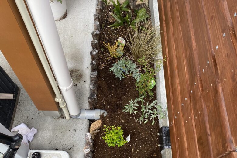 玄関ポーチとブロック塀の間のスペース。砂利をどけて花壇に変更。ハーブなどの植物が植えてある。
